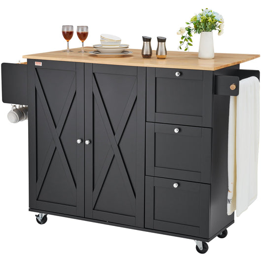 AI62 Decor 56″ Kitchen Island Cart with Storage Cabinet & Wood Top, Black