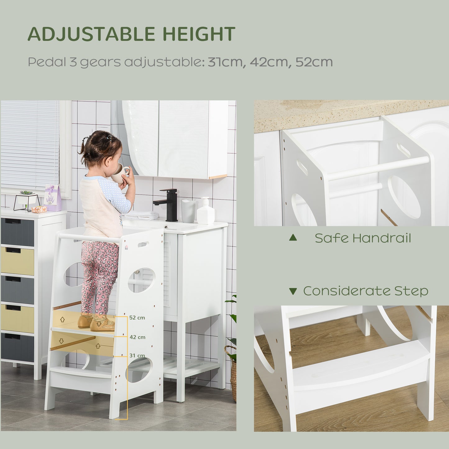 AI62 Decor Kids Adjustable Toddler Step Stool with Safety Rail – White