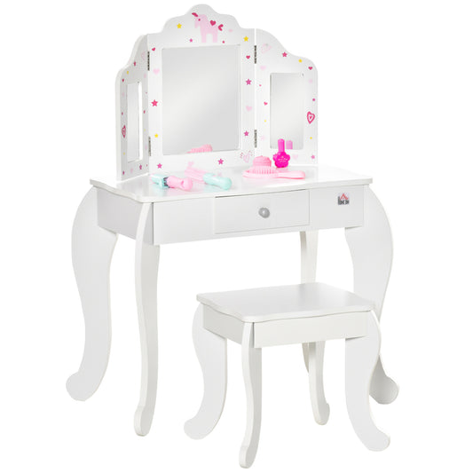 AI62 Decor Kids Vanity Table & Chair Set with Tri-Folding Mirror – White