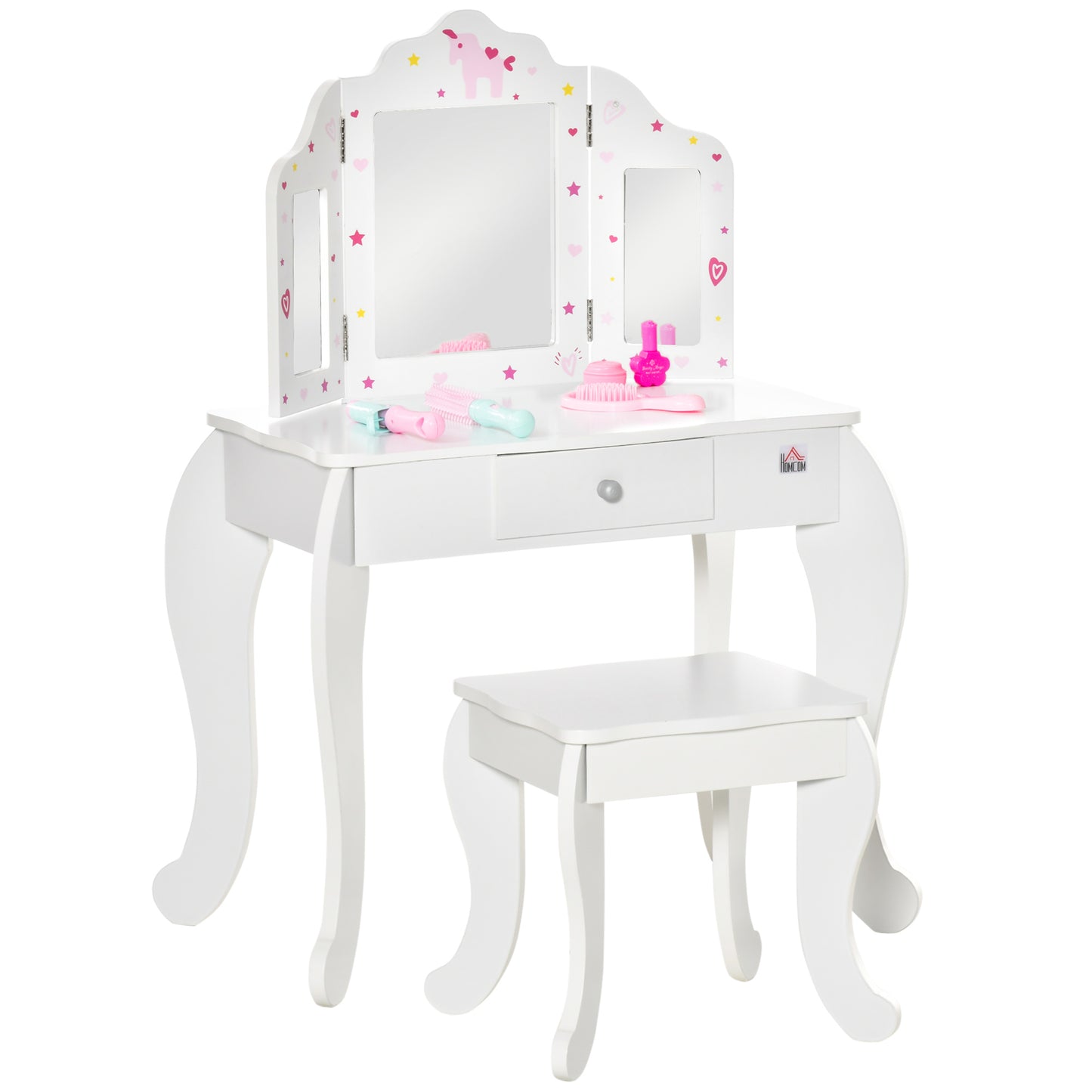 AI62 Decor Kids Vanity Table & Chair Set with Tri-Folding Mirror – White