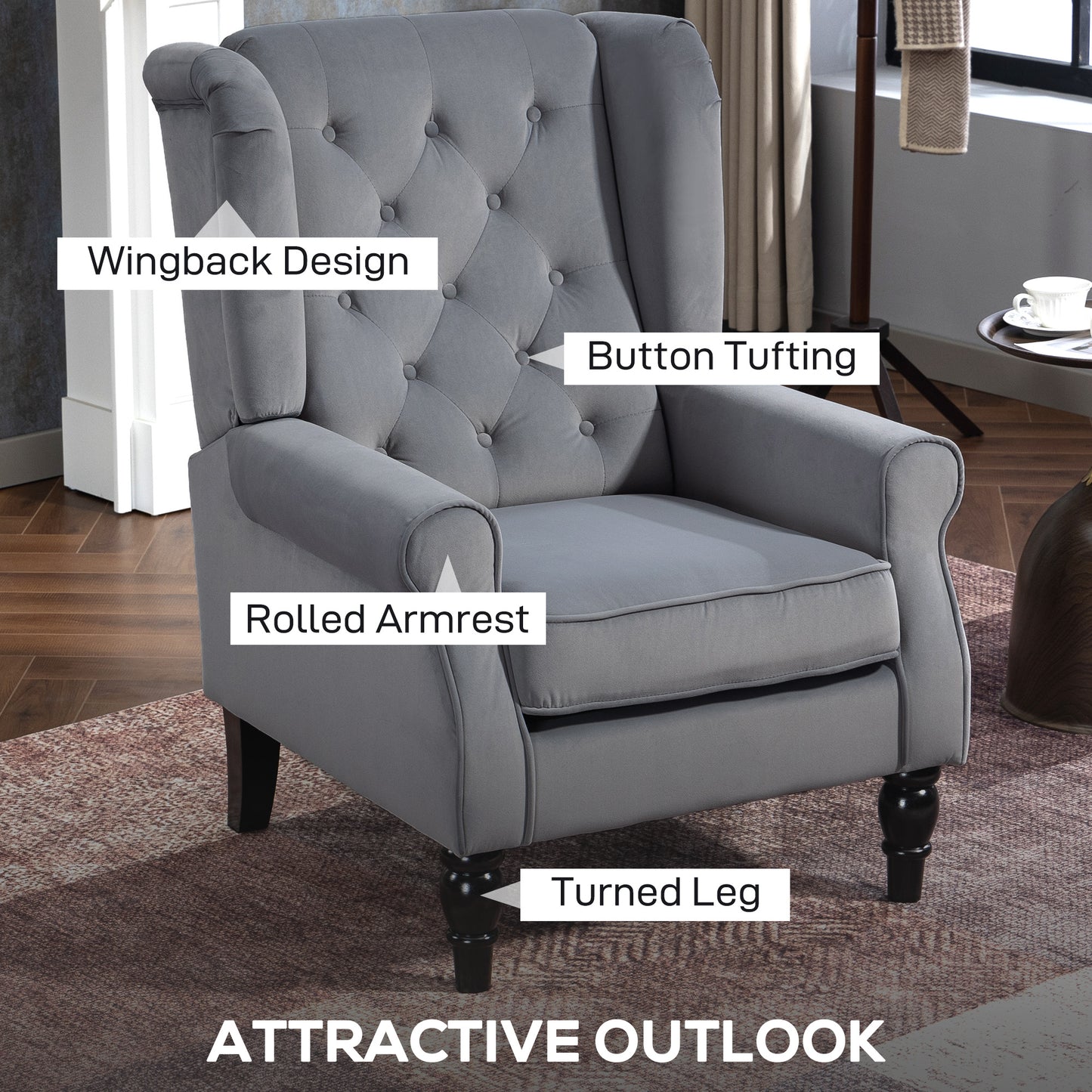 AI62 Decor Wingback Accent Chair Retro Button Tufted Light Grey