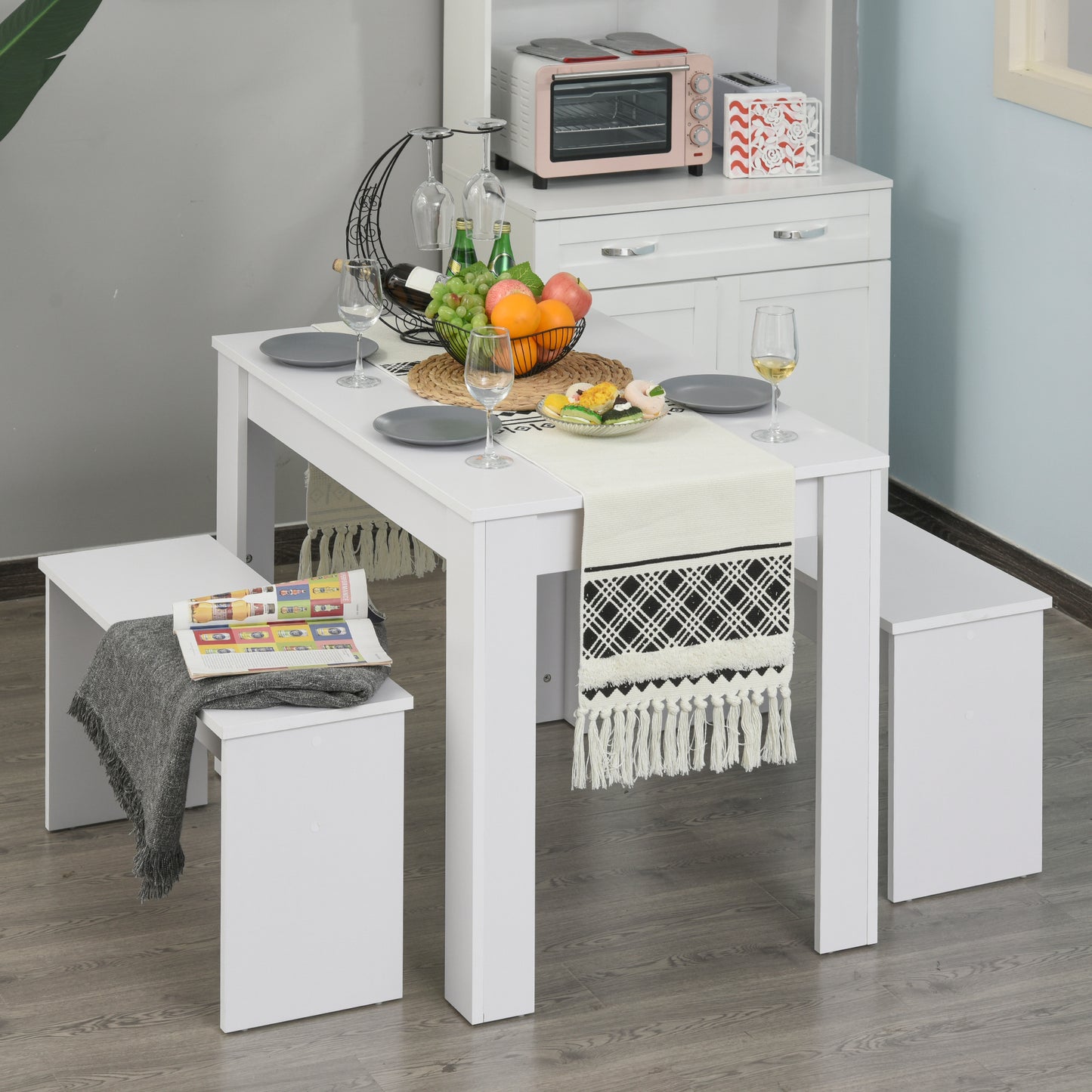 AI62 Decor White Kitchen Dining Table & 2 Benches Set