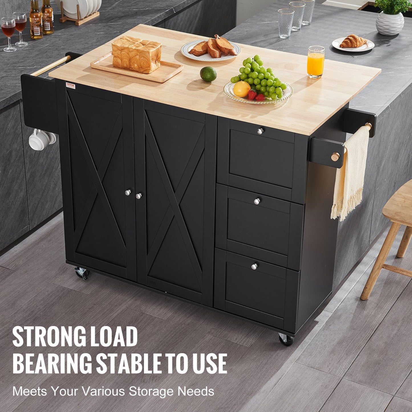 AI62 Decor 56″ Kitchen Island Cart with Storage Cabinet & Wood Top, Black