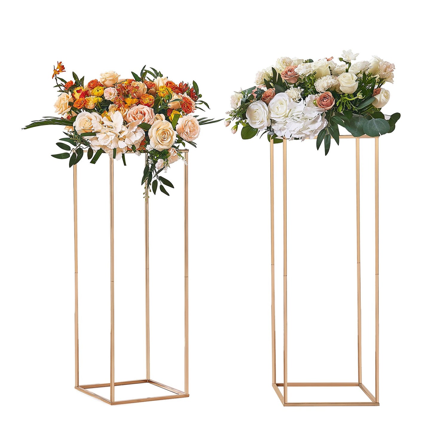 AI62 Decor 2PCS 80cm Gold Wedding Flower Stands with Acrylic Top – Rectangular Metal Display Columns