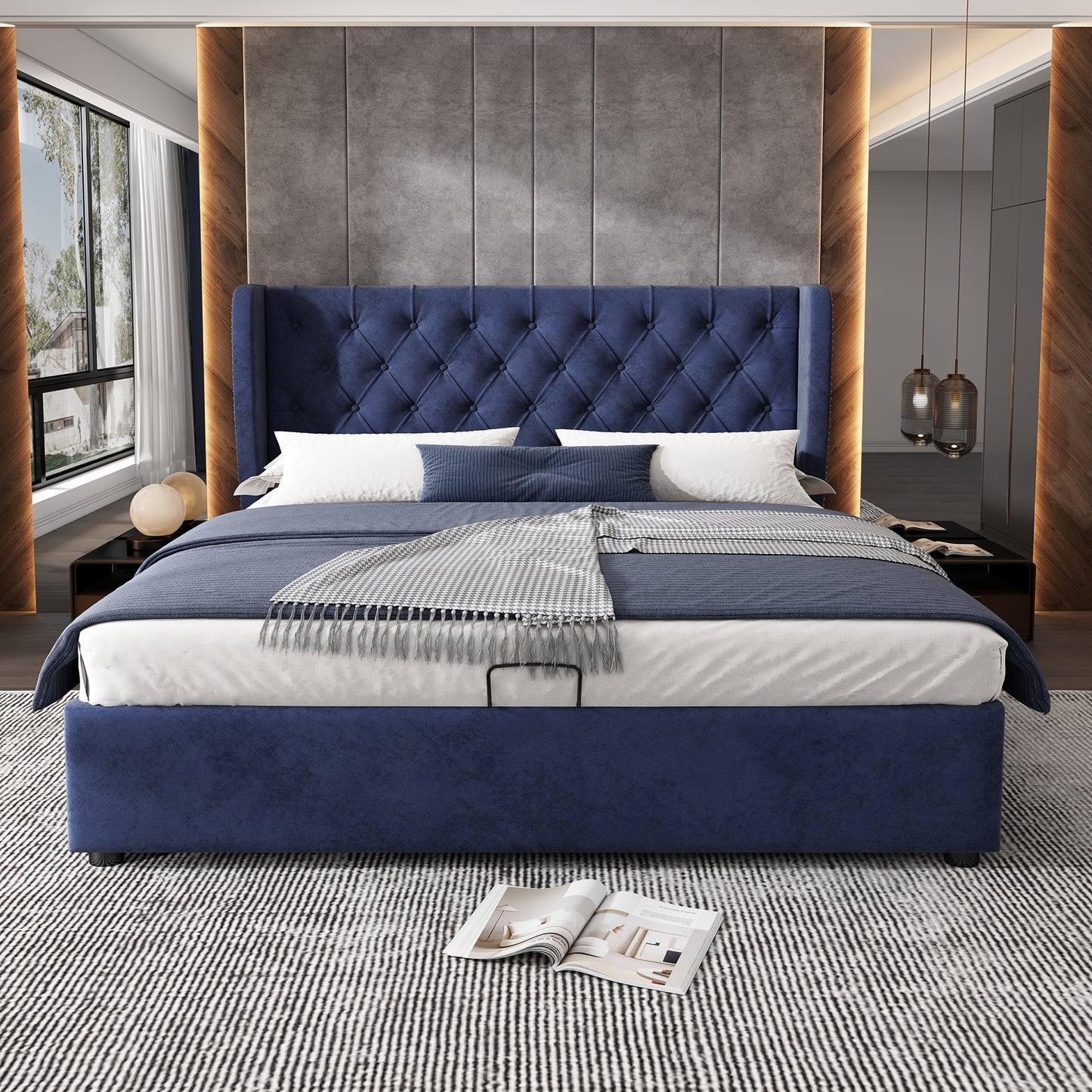 AI62 Decor Upholstered Storage Bed with Hydraulic Lift – 135 x 190 cm, Blue Velvet