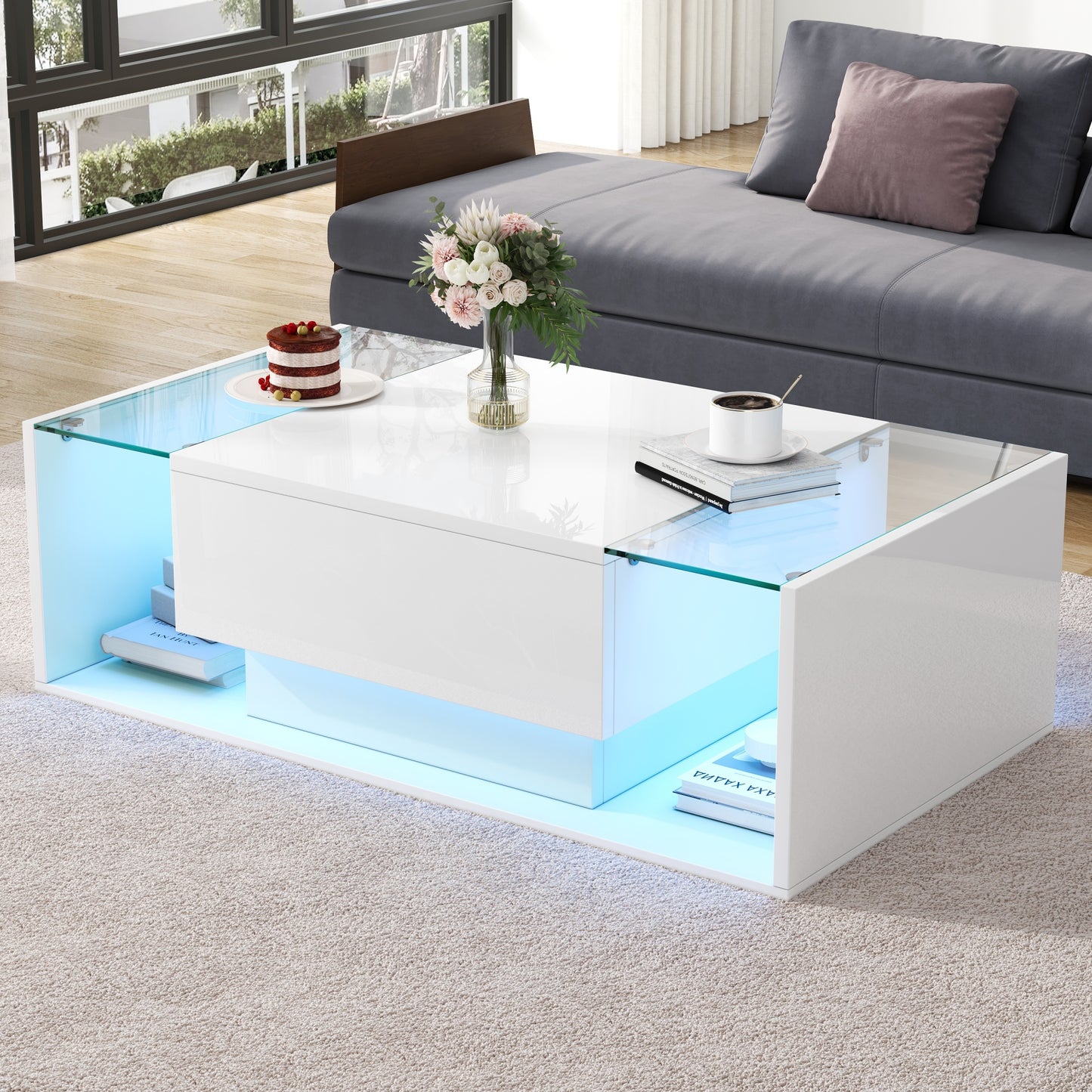 AI62 Decor LED High Gloss Coffee Table with Glass Top & Storage