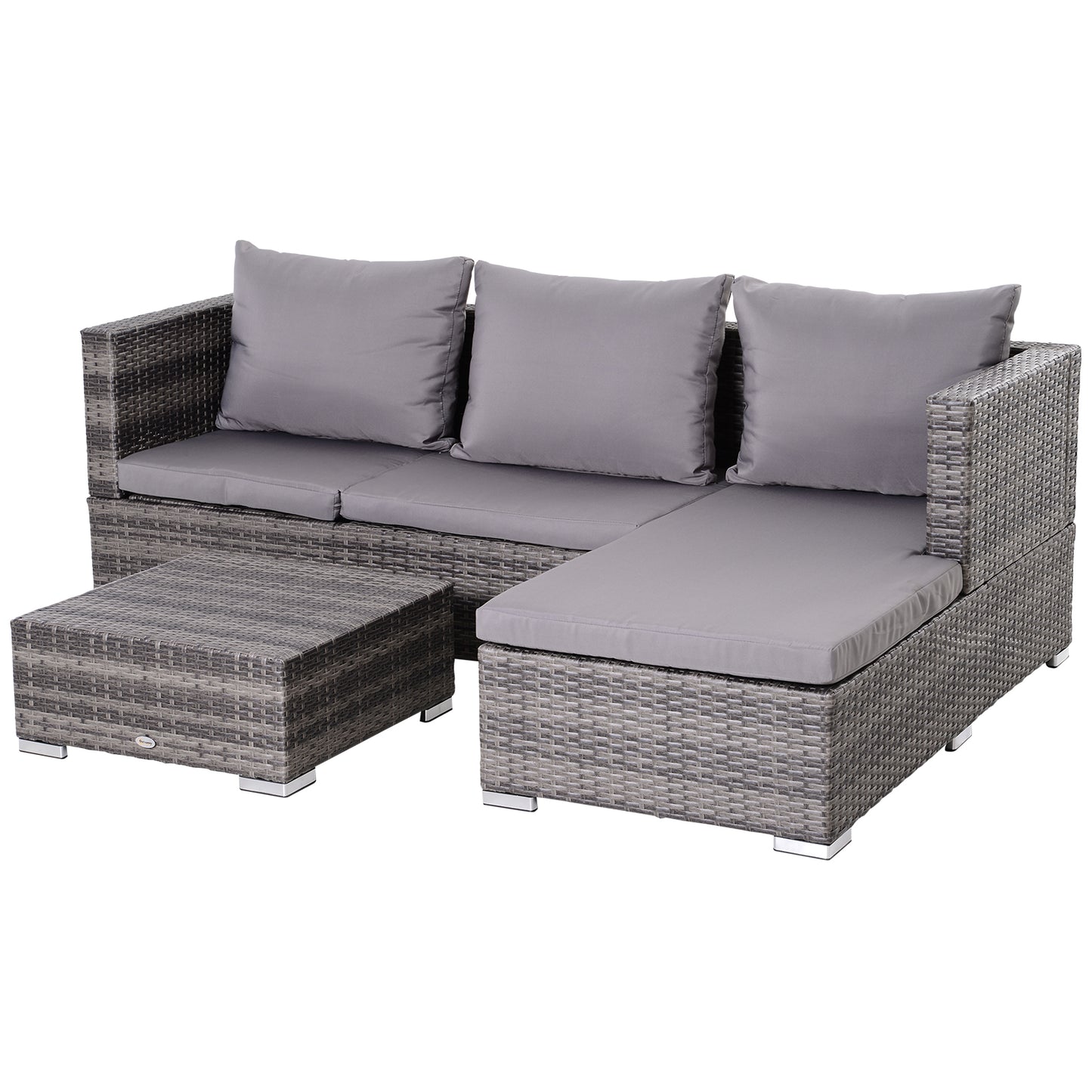 AI62 Decor 3-Piece Grey Rattan Garden Sofa Set with Coffee Table & Cushions – 4 Seater