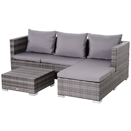 AI62 Decor 3-Piece Grey Rattan Garden Sofa Set with Coffee Table & Cushions – 4 Seater