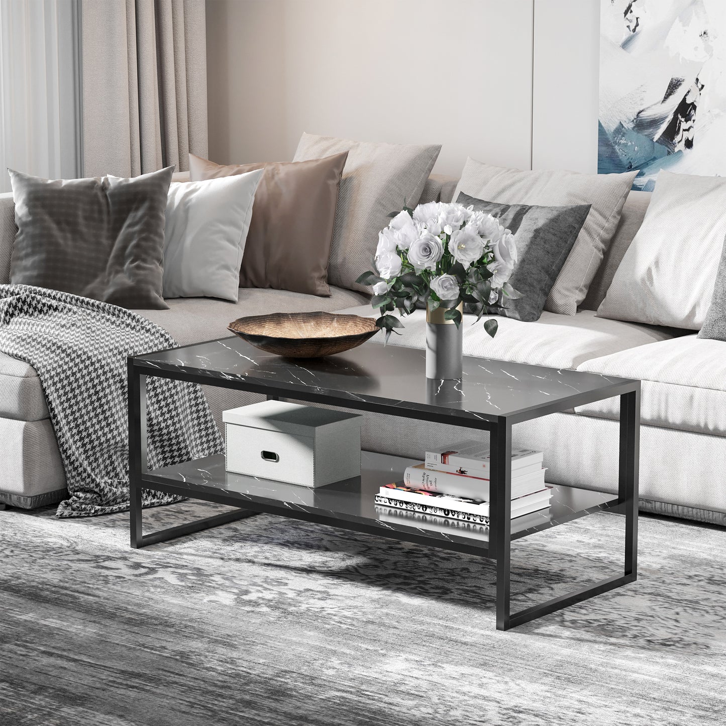 AI62 Decor Black Coffee Table with Storage Shelf