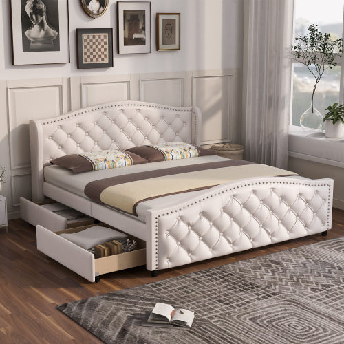 AI62 Decor Upholstered 135x190cm Bed with Drawers & Riveted Headboard – White