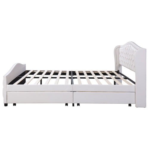 AI62 Decor Upholstered 135x190cm Bed with Drawers & Riveted Headboard – White