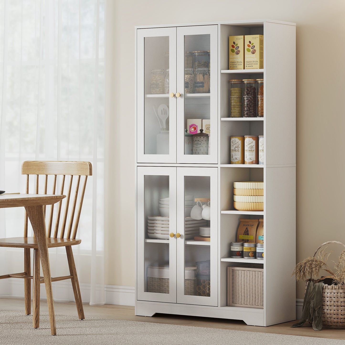 AI62 Decor Multi-Storage Kitchen Cabinet with Glass Doors – White Wood Effect
