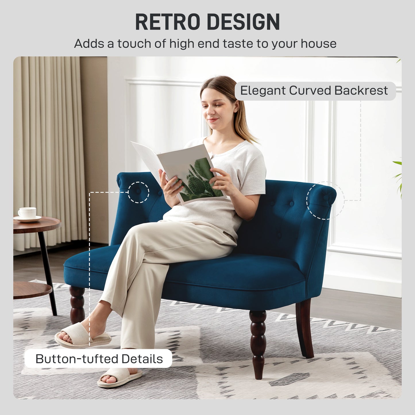 AI62 Decor Velvet 2-Seater Button Tufted Wingback Sofa – Dark Blue