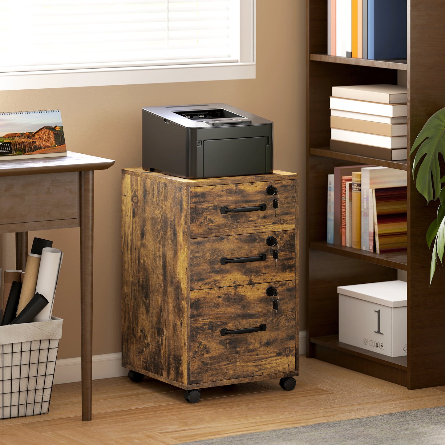 AI62 Decor Three Drawer Wood-Effect Filing Cabinet - Rustic Brown