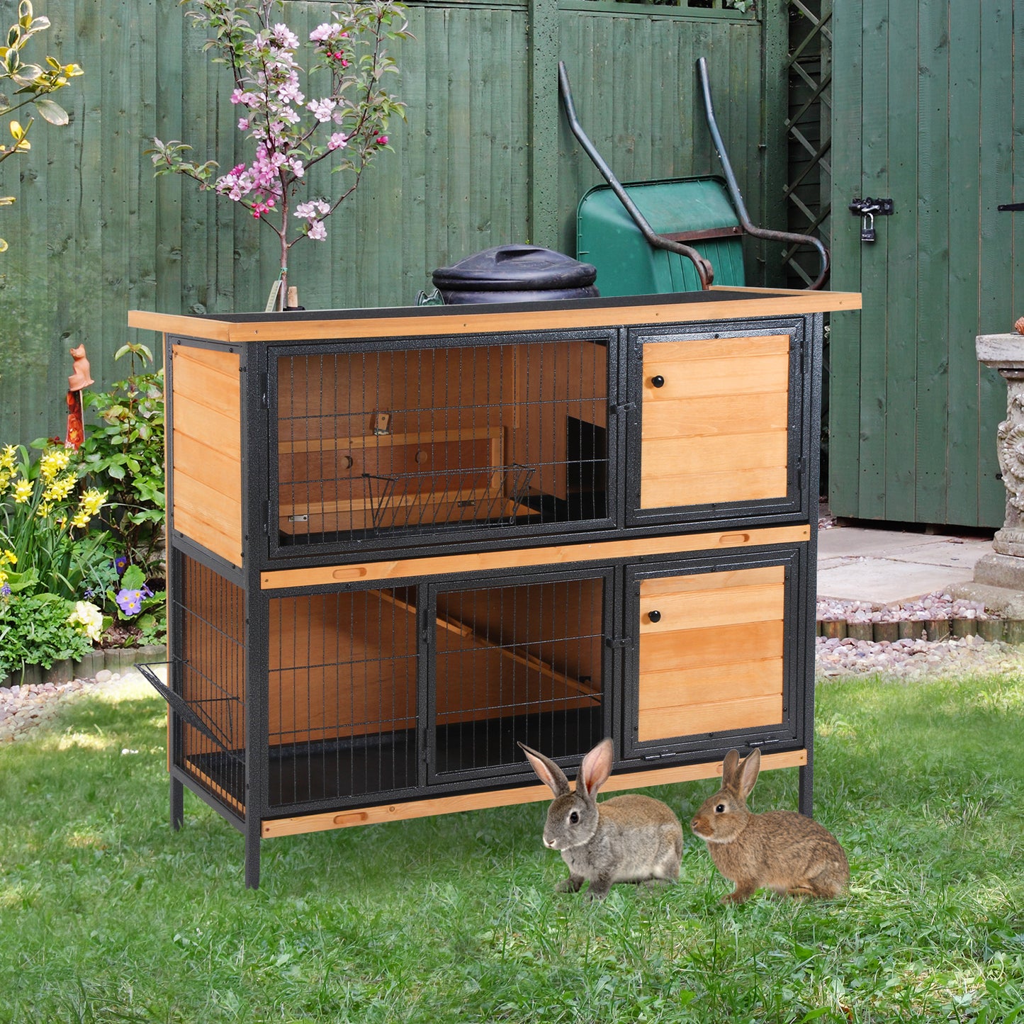 AI62 Decor Rabbit Hutch with Metal Frame & Openable Roof