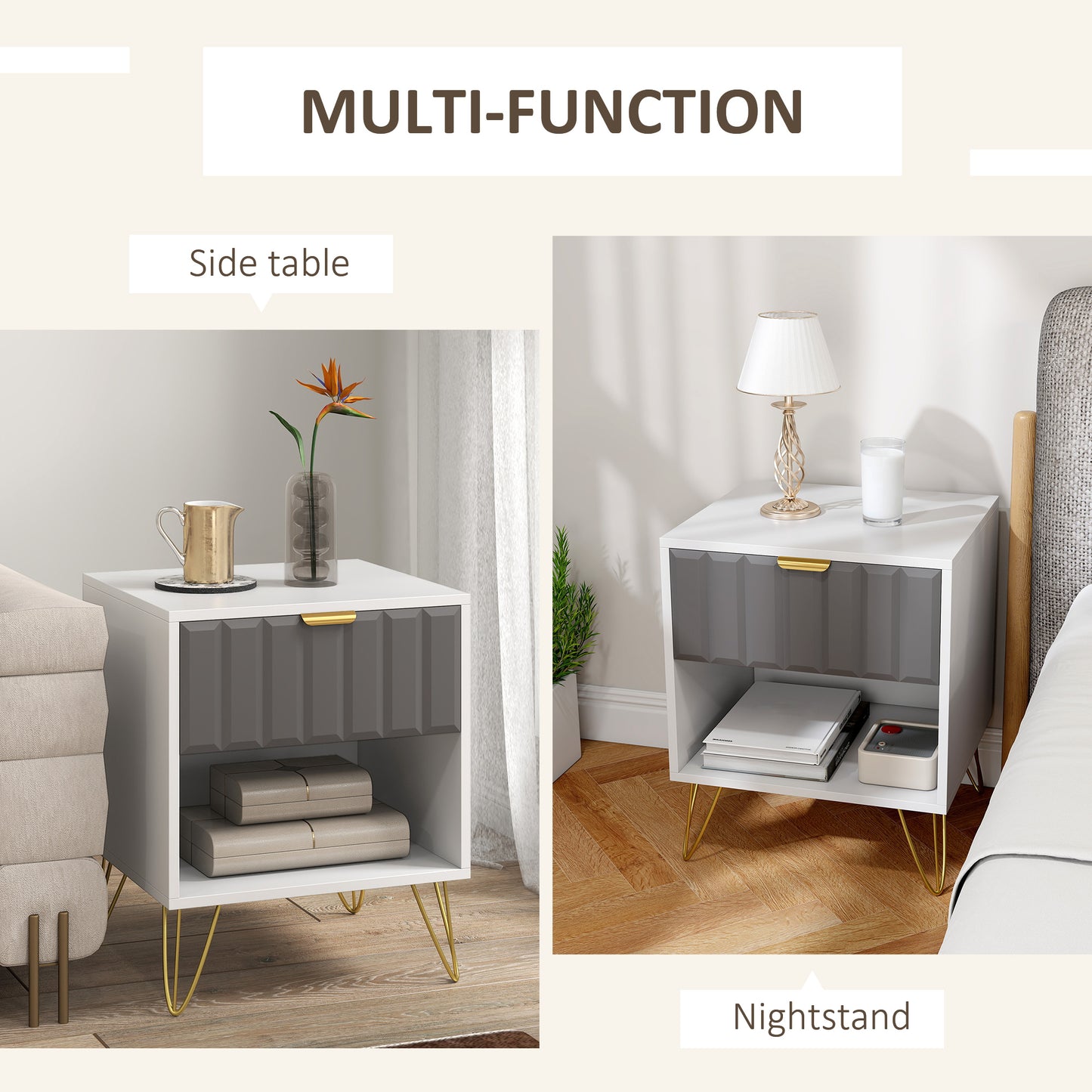 AI62 Decor Modern Bedside Table With Drawer & Open Shelf – White