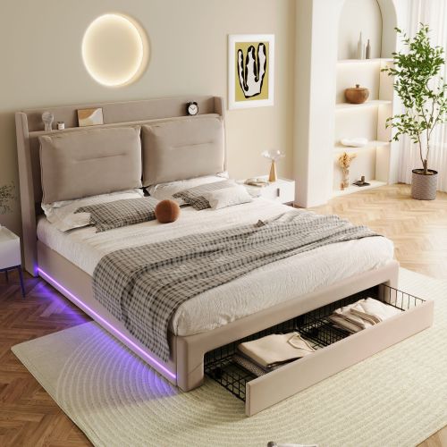 AI62 Decor Beige Velvet Double Bed 135x190cm with Storage & LED