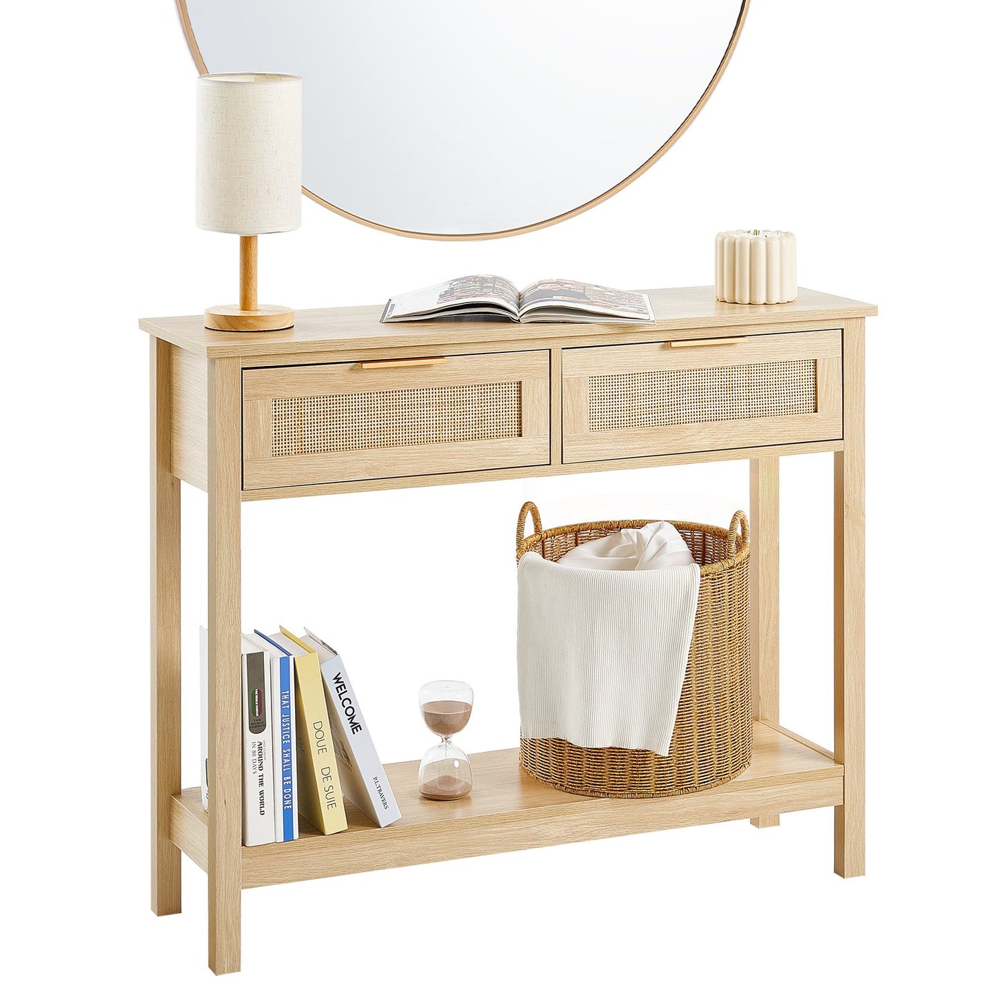 AI62 Decor Rattan Console Table with 2 Storage Drawers