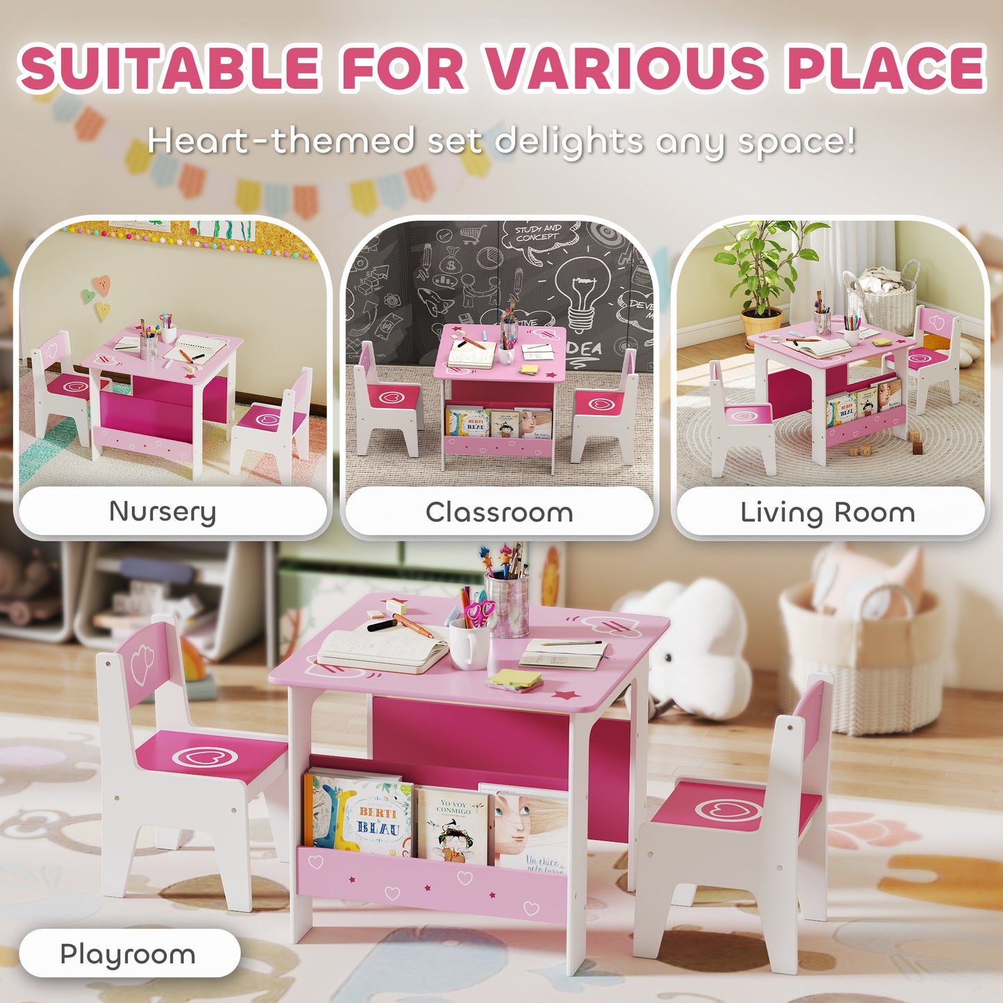 AI62 Decor Kids 3-Piece Table & Chair Set with Bookshelf – Pink