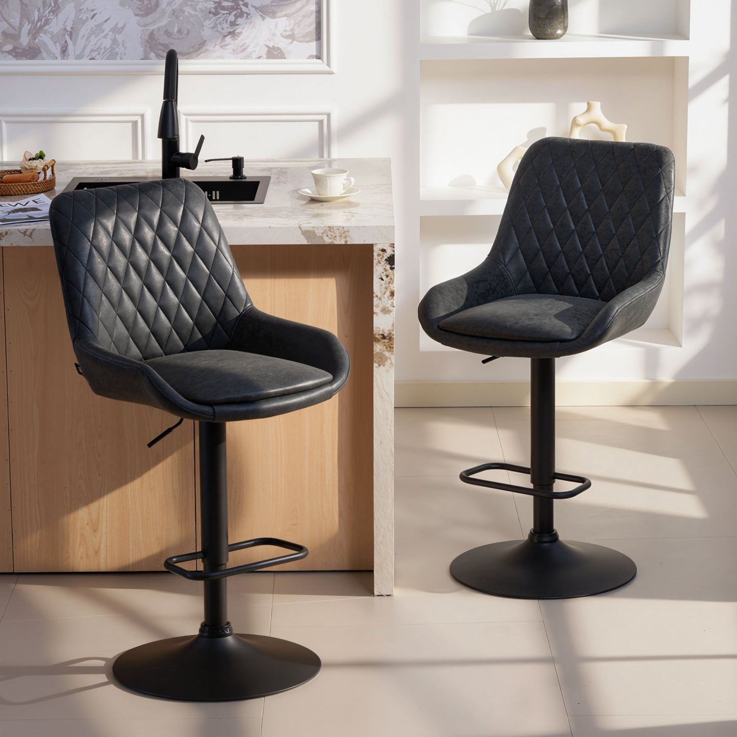 AI62 Decor Set Of Two Faux Leather Retro Bar Stools - Black