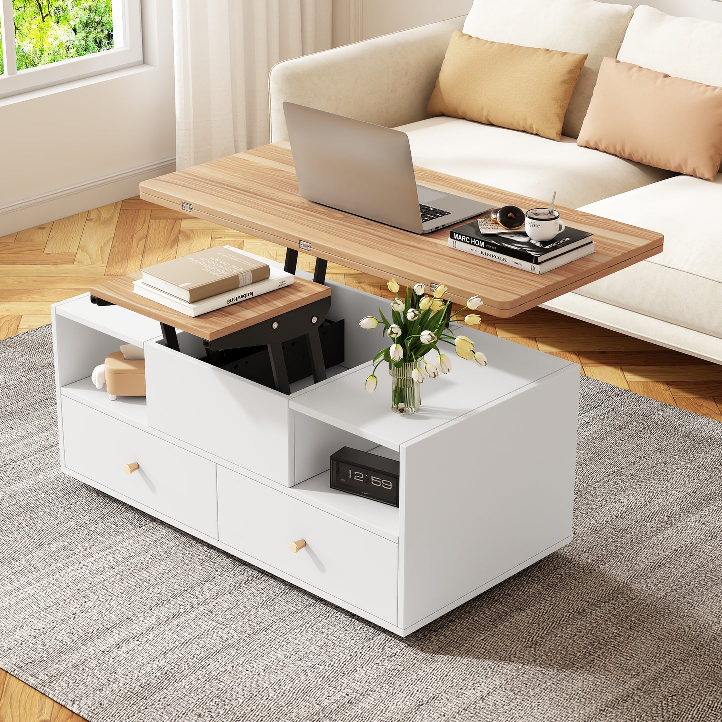 AI62 Decor Lift Top Coffee Table with Wheels & 4 Drawers