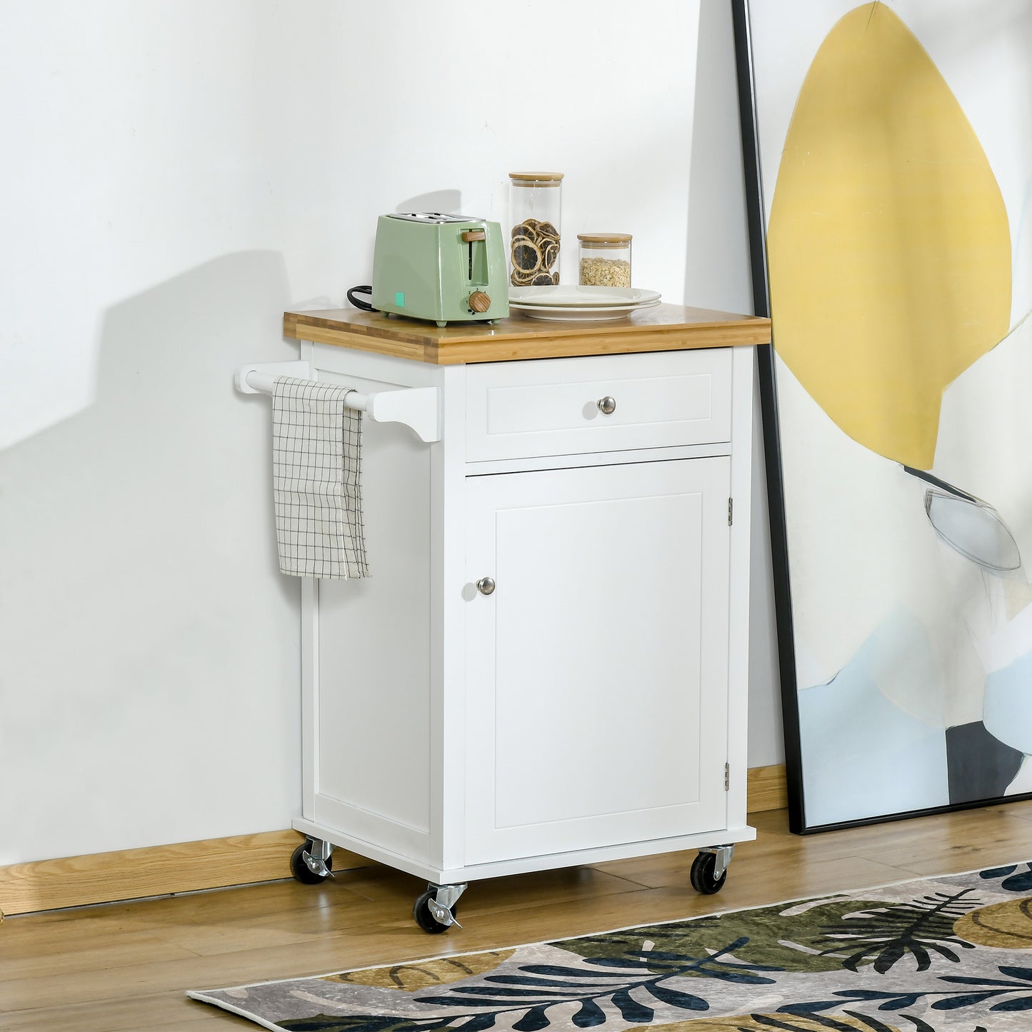 AI62 Decor Wooden Kitchen Cart with Drawer & Towel Rail – White