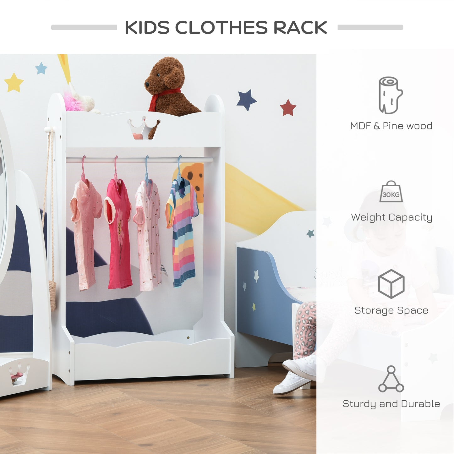 AI62 Decor  Kids Wooden Clothes Rack with Shelves – Freestanding Wardrobe, White
