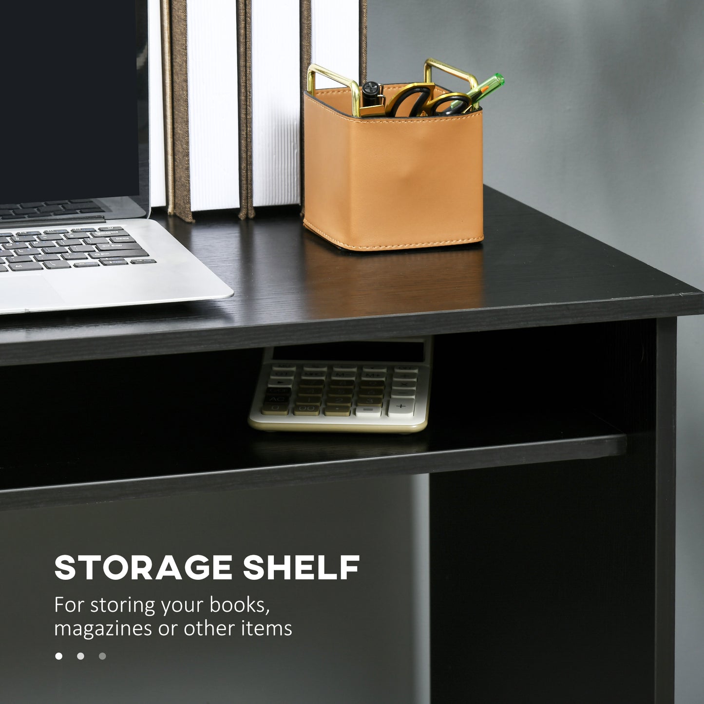 AI62 Decor 90cm Modern Computer Desk with Storage Shelf – Black Wood Grain