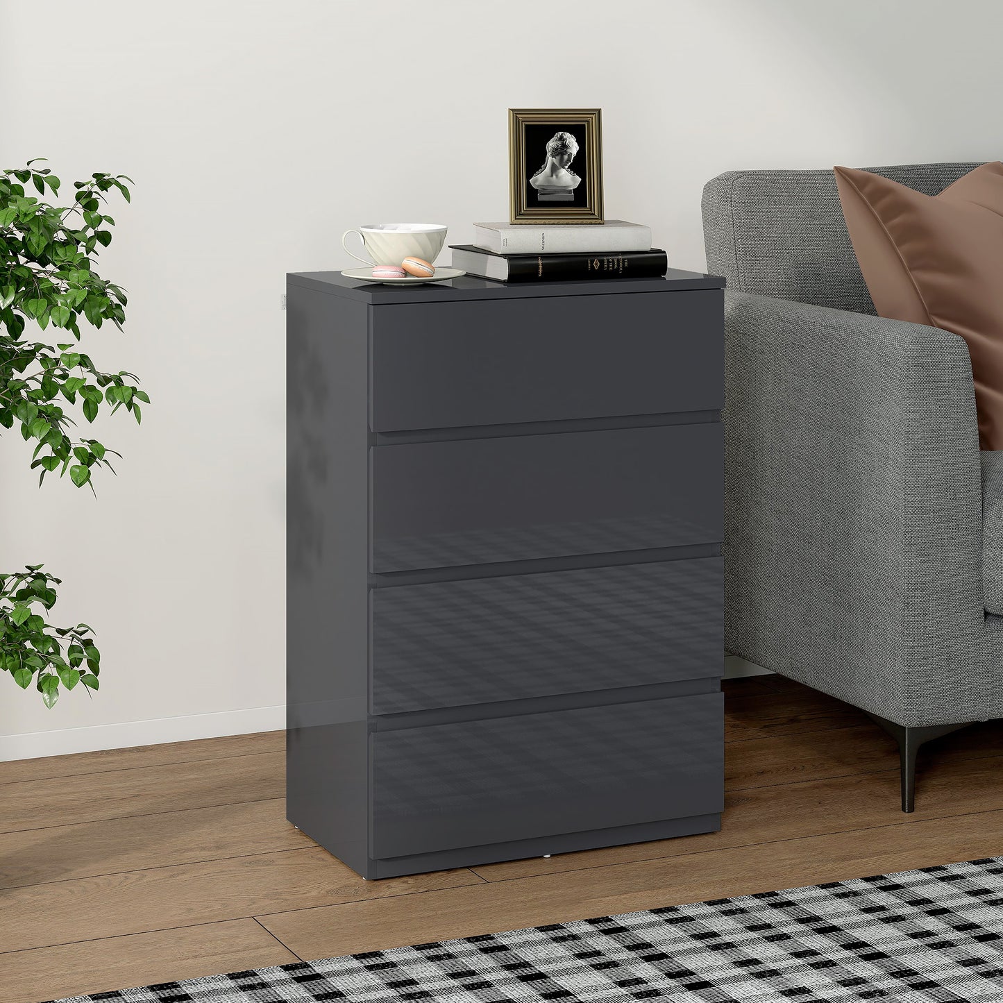 AI62 Decor High Gloss 4-Drawer Chest – Grey Bedroom Dresser