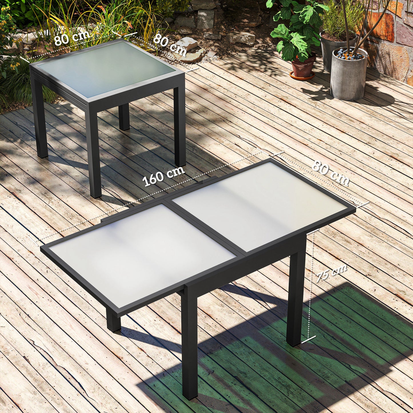 AI62 Decor Extending Outdoor Garden Table with Aluminium Frame & Glass Top