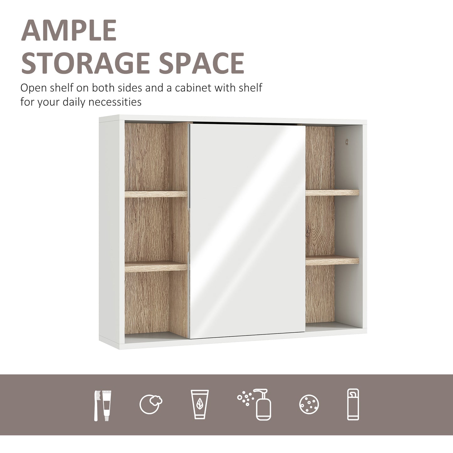 AI62 Decor Bathroom Mirror Cabinet with Open Storage & Shelf - White