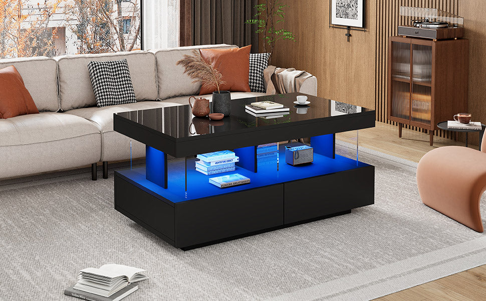 AI62 Decor High-Gloss Black Coffee Table with 2 Drawers