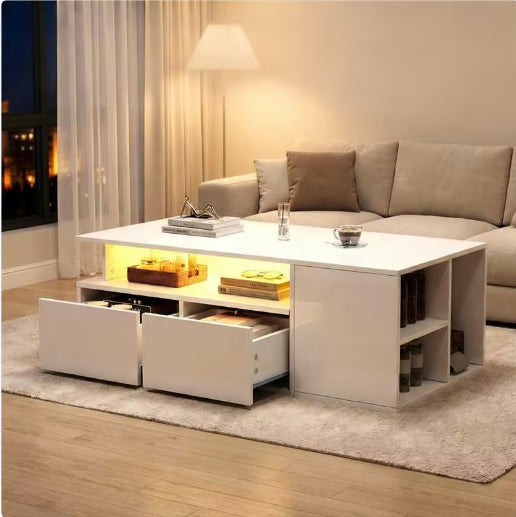AI62 Decor High Gloss LED Coffee Table with Storage, 100×50×35 cm, White