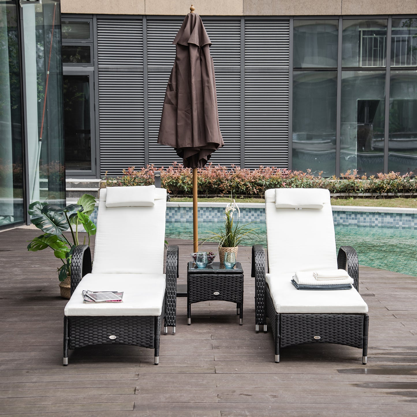 AI62 Decor 2 Seater Rattan Sun Lounger Set With Side Table Black