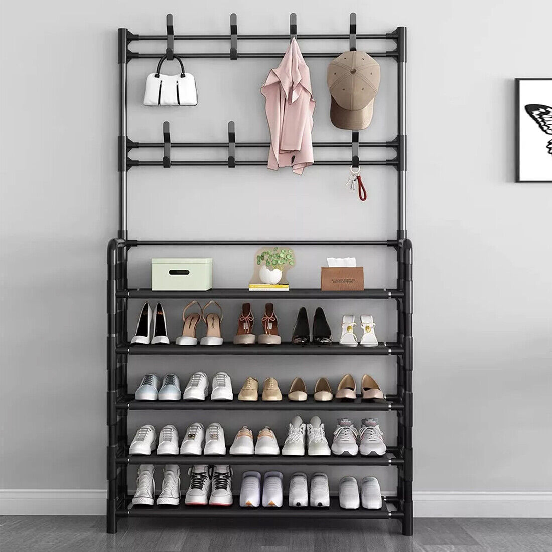 AI62 Decor 8-Hook Coat & Hat Stand with 5-Tier Shoe Rack – Black
