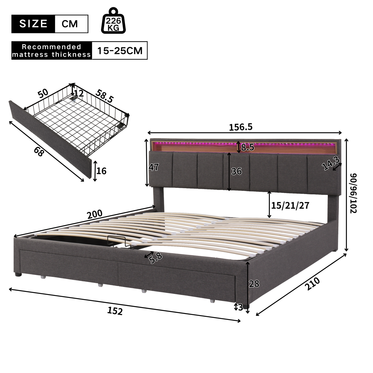 AI62 Decor LED King Size Bed with Storage & Foam Headboard - Grey