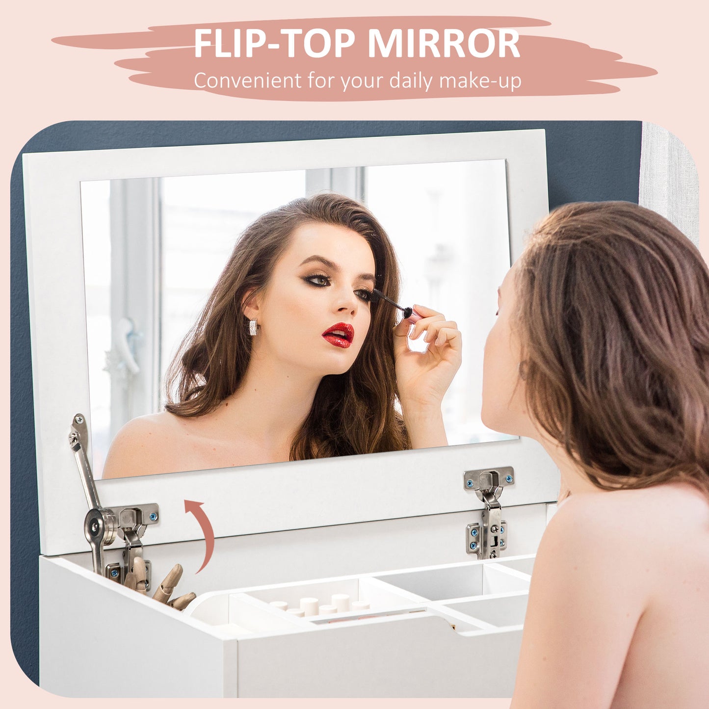 AI62 Decor Dressing Table & Storage Stool with Flip-Up Mirror – White