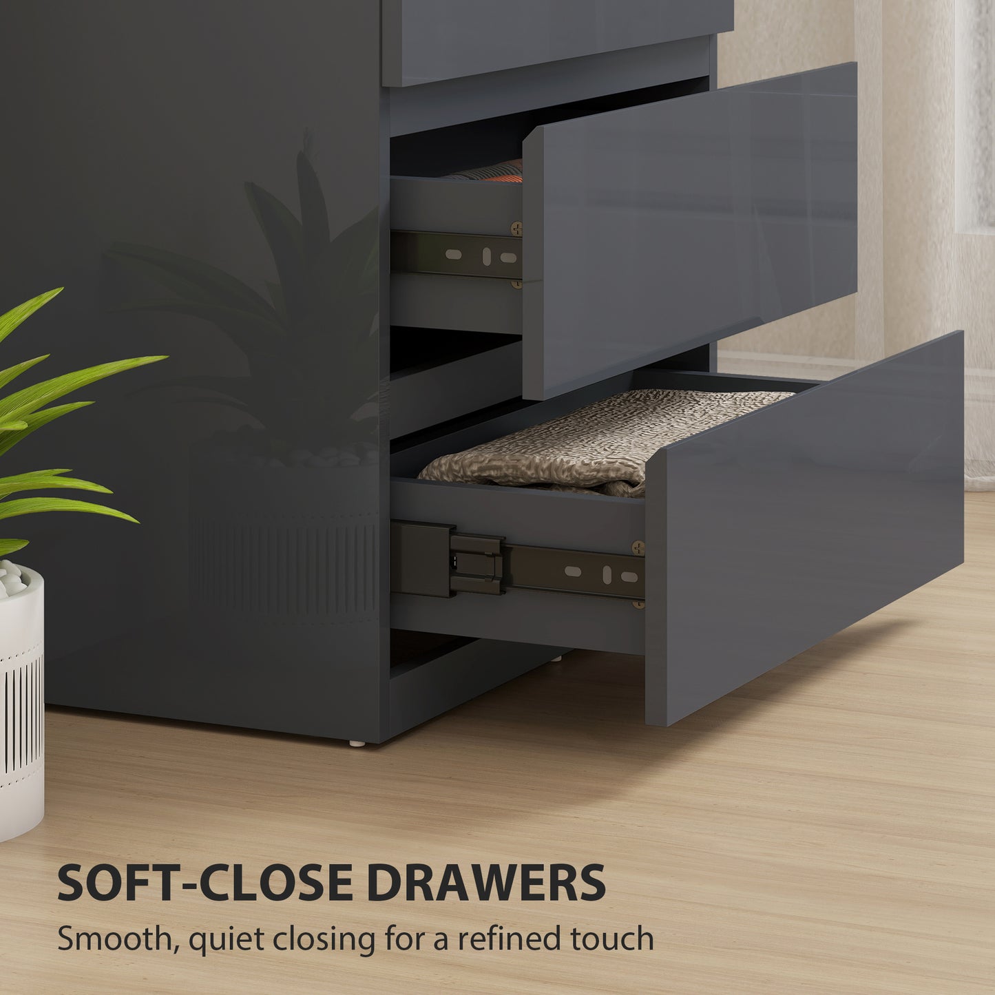 AI62 Decor High Gloss 4-Drawer Chest – Grey Bedroom Dresser