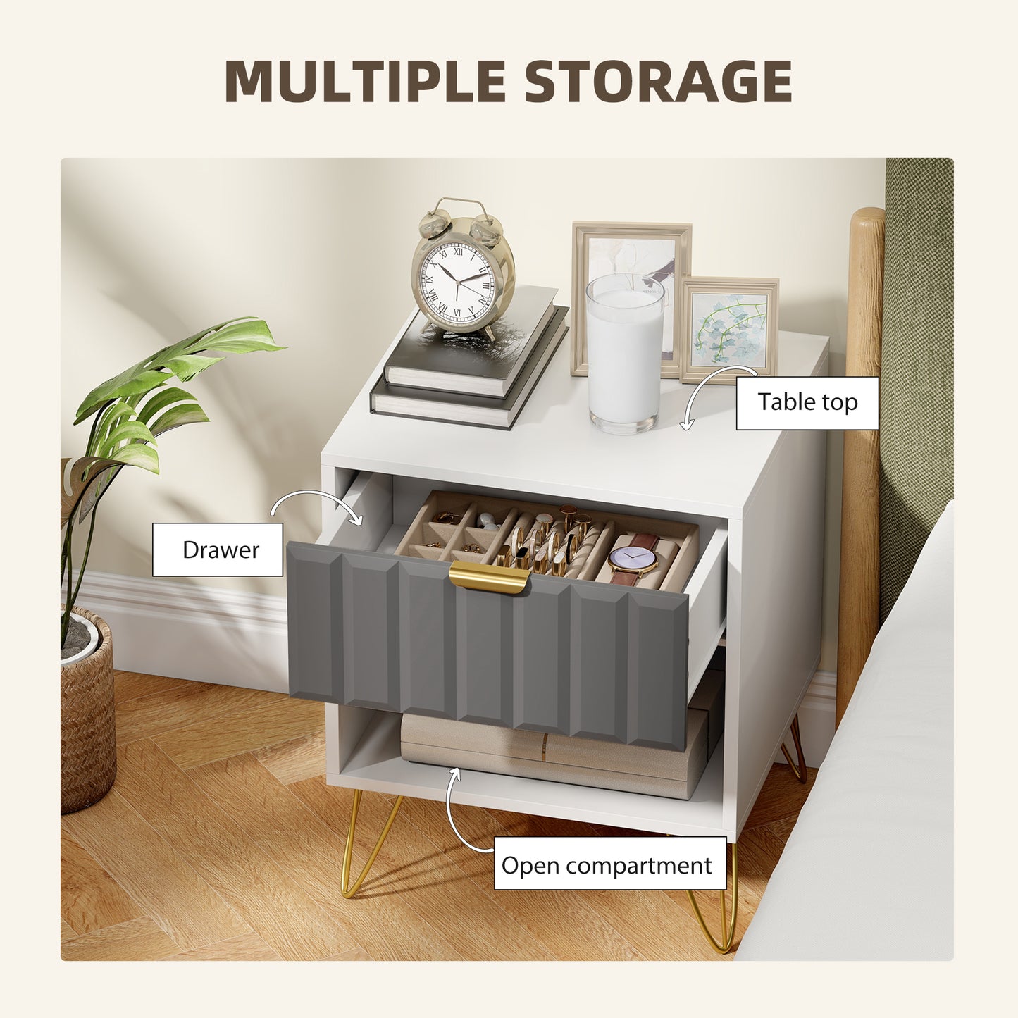 AI62 Decor Modern Bedside Table With Drawer & Open Shelf – White