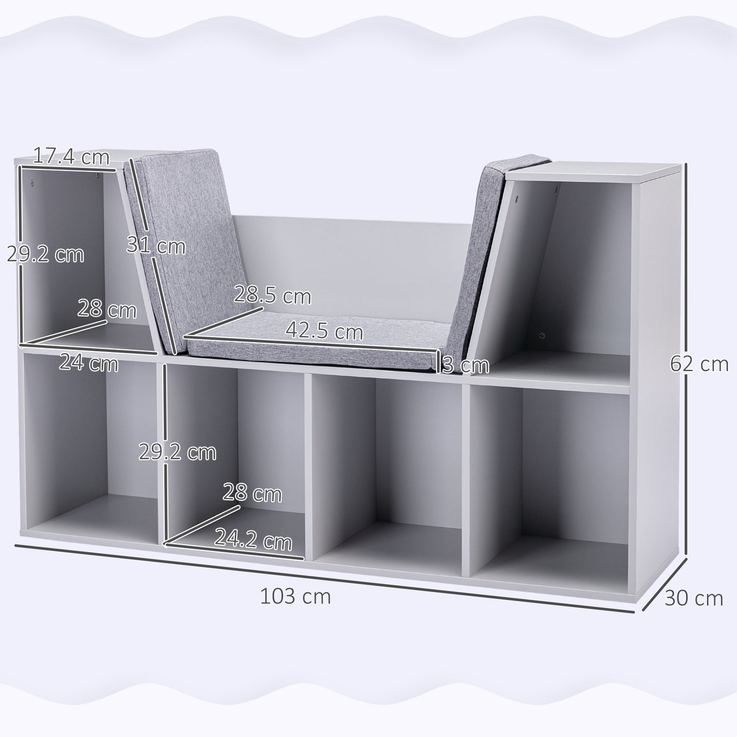 AI62Decor Kids 6-Compartment Bookcase Storage Cabinet with Seat Cushion – Grey