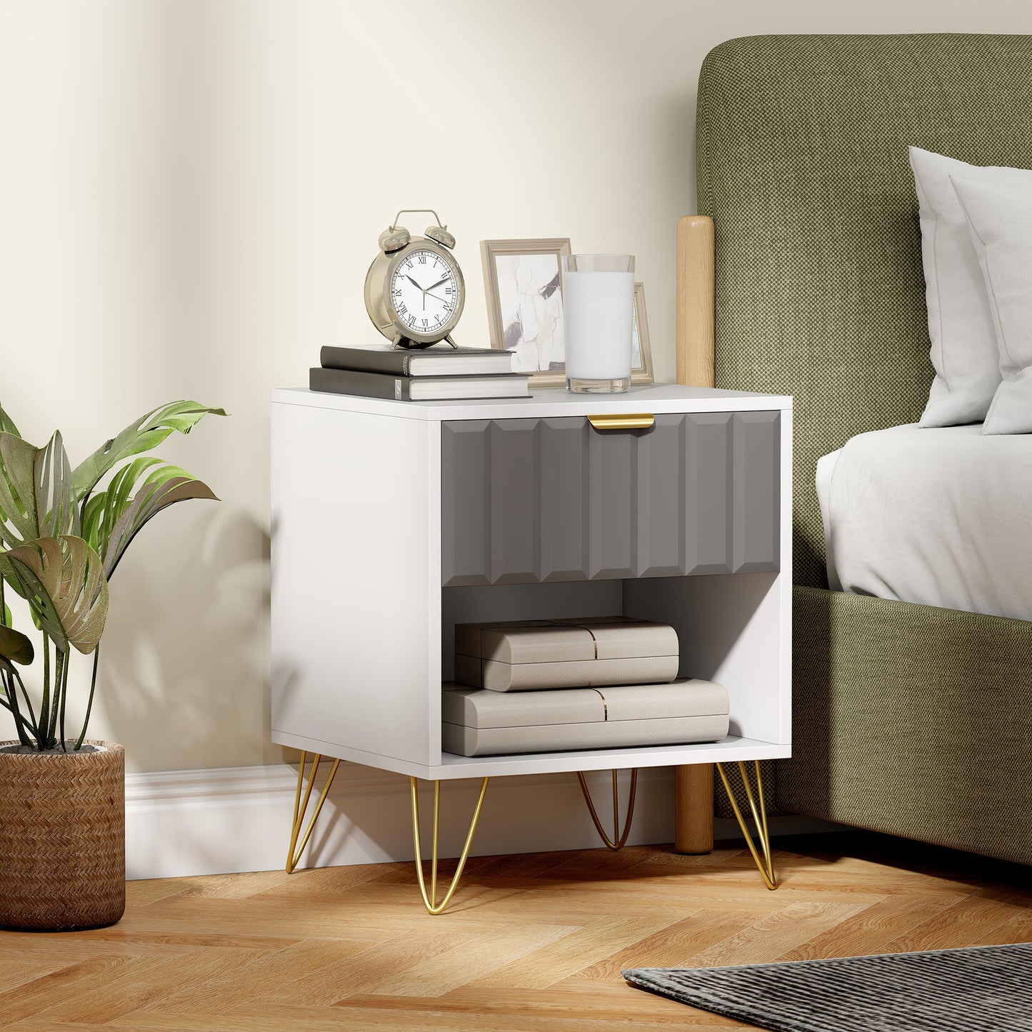 AI62 Decor Modern Bedside Table With Drawer & Open Shelf – White