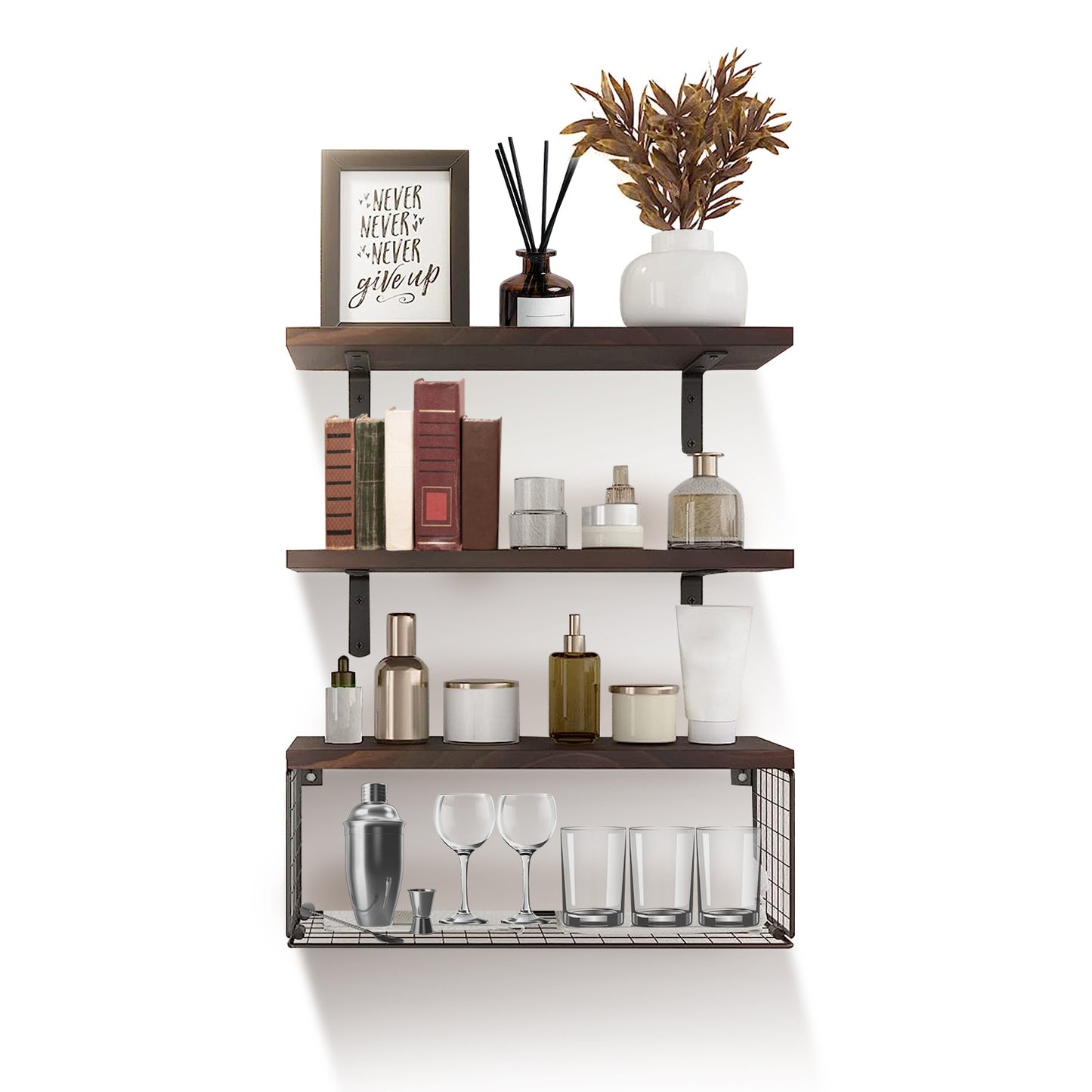 AI62 Decor 2-in-1 Floating Wall Shelves with Storage Basket for Home & Office