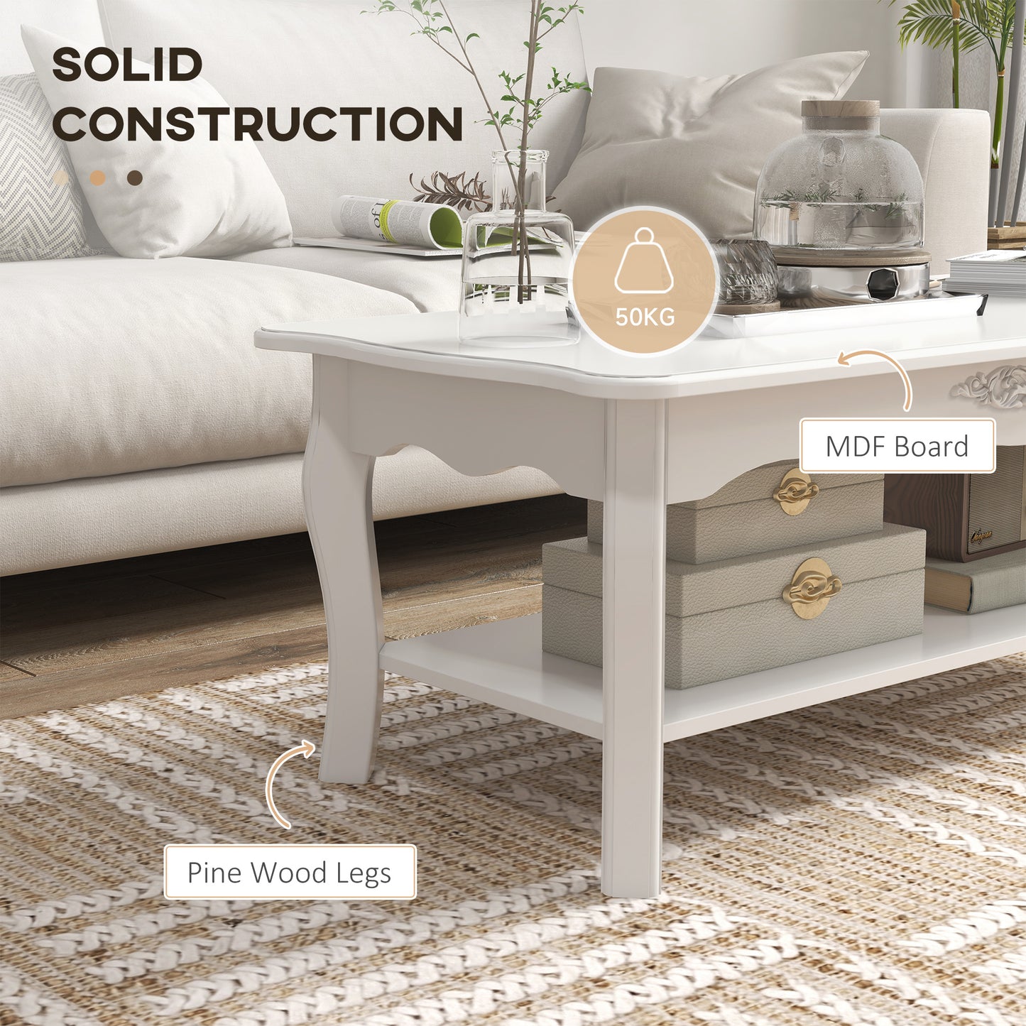 AI62 Decor White Coffee Table with Storage Shelf