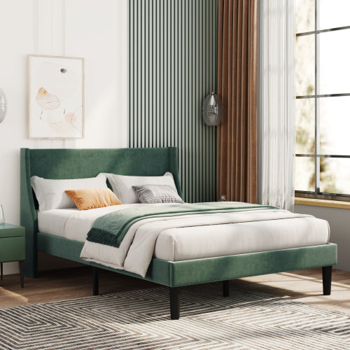 AI62 Decor Dark Green Upholstered Double Bed with Winged Headboard
