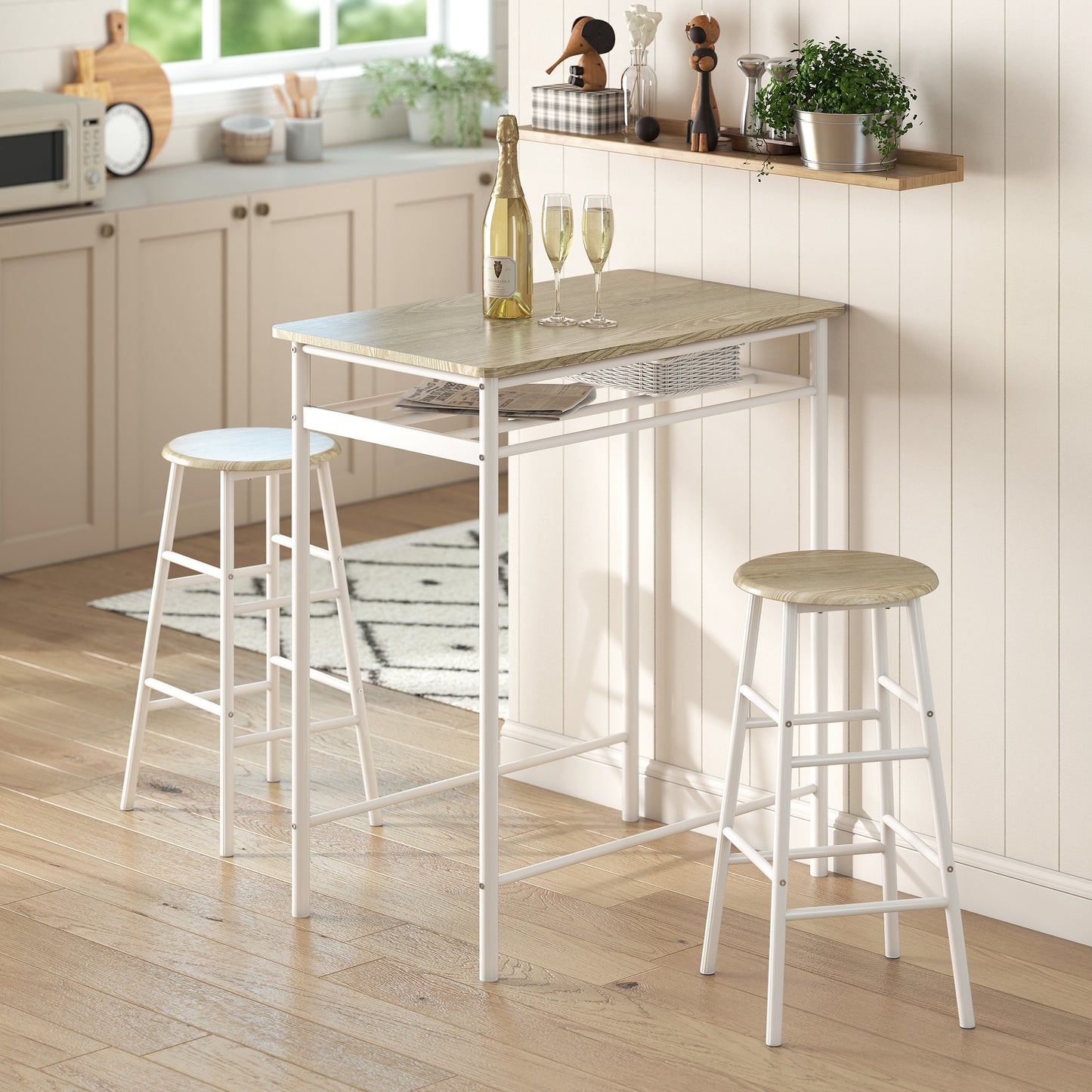 AI62 Decor Bar Table & Stools Set with Footrest & Shelf – White & Oak