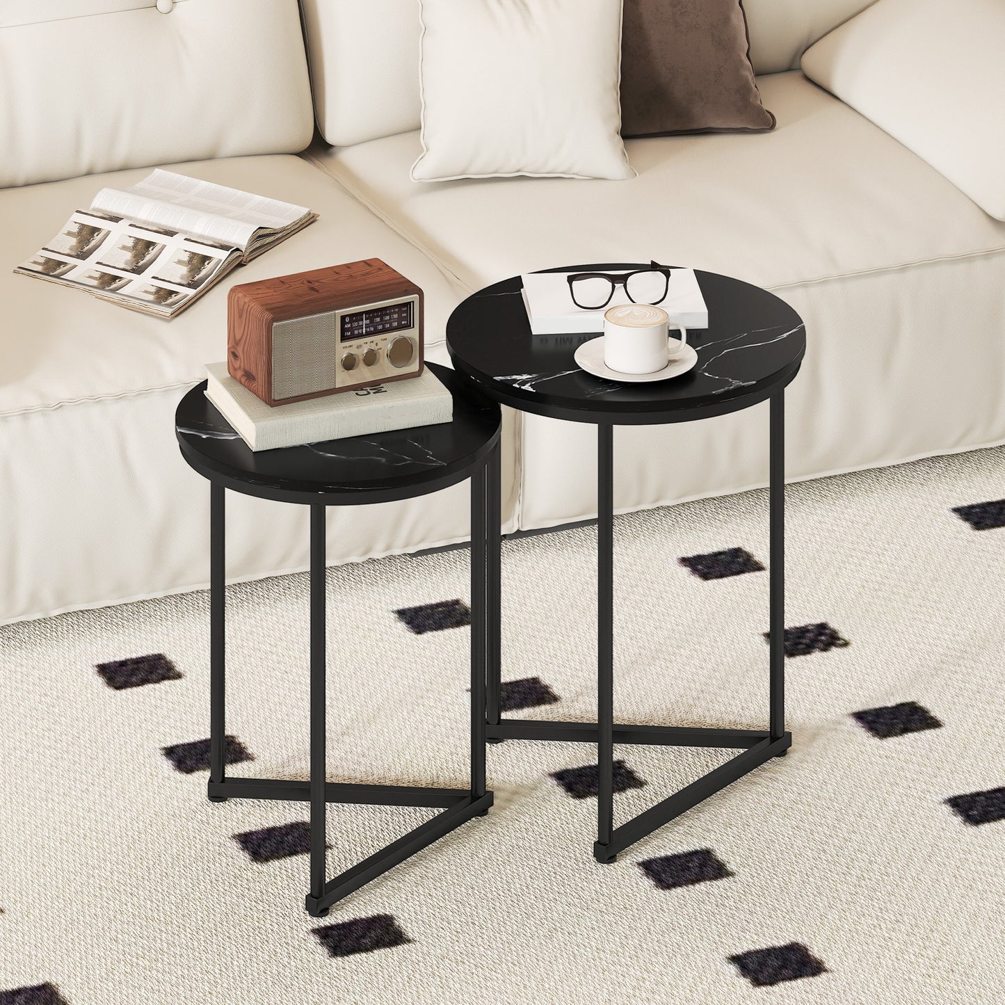 AI62 Decor Set Of Two Marble-Effect Nest Of Tables - Black Marble Effect