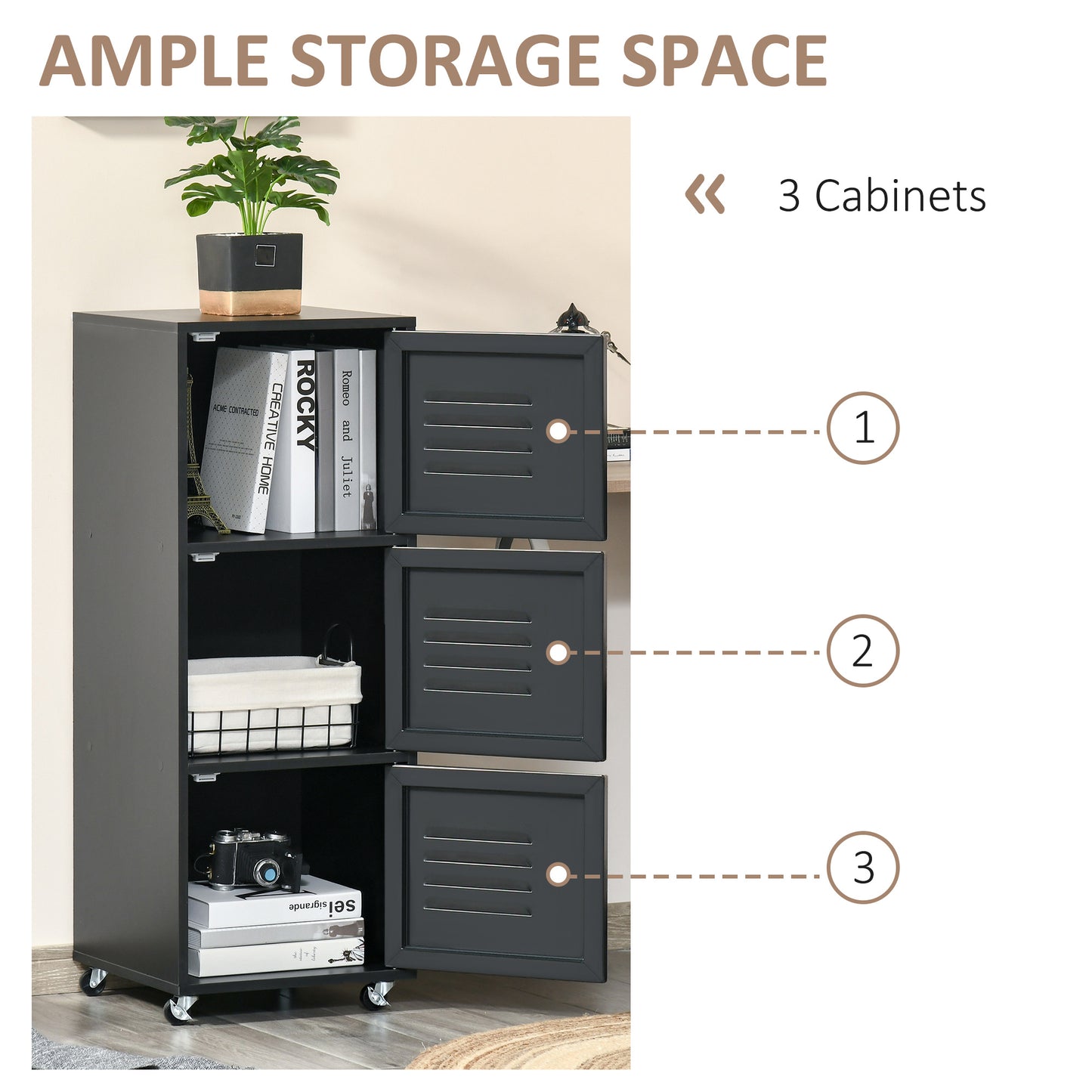 AI62 Decor Black 3-Tier Rolling Storage Cabinet with Metal Doors
