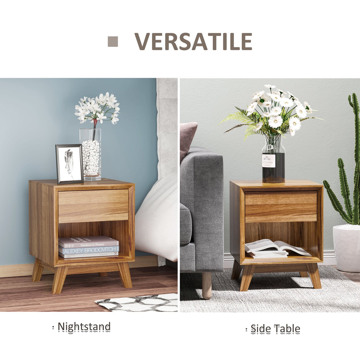 AI62 Decor Modern Bedside Table with Drawer & Shelf – Walnut Brown