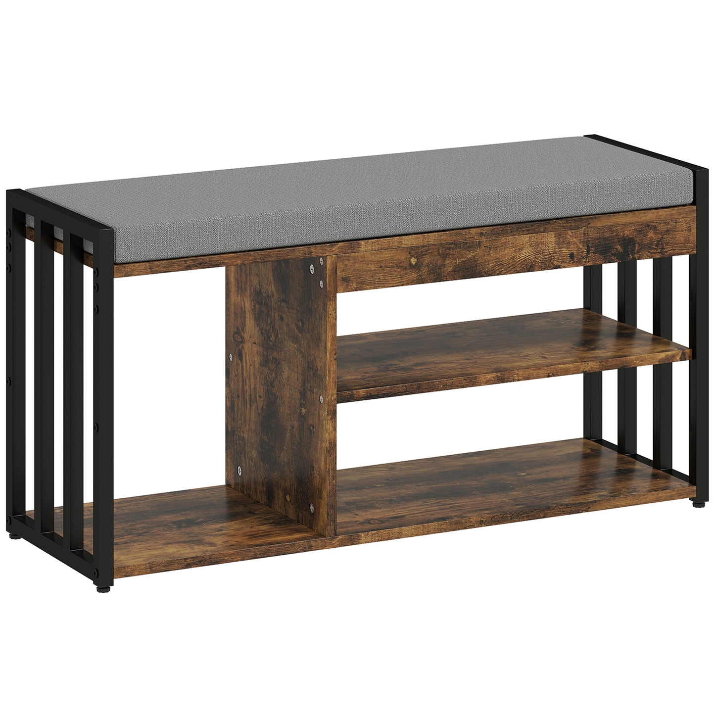 AI62 Decor Rustic Industrial Storage Bench with Cushion and Shelves