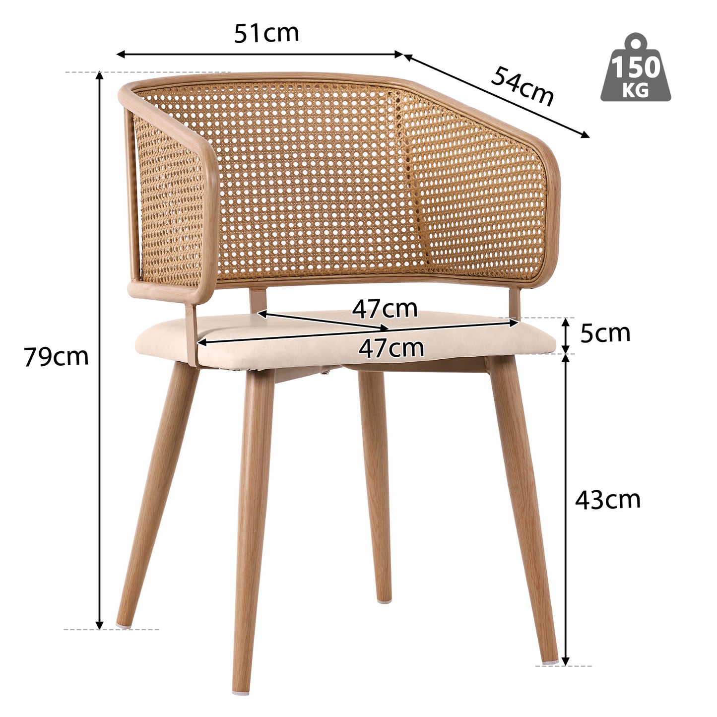 AI62 Decor Set of 2 Modern Dining Chairs with Rattan Back & PU Leather Seat – Beige